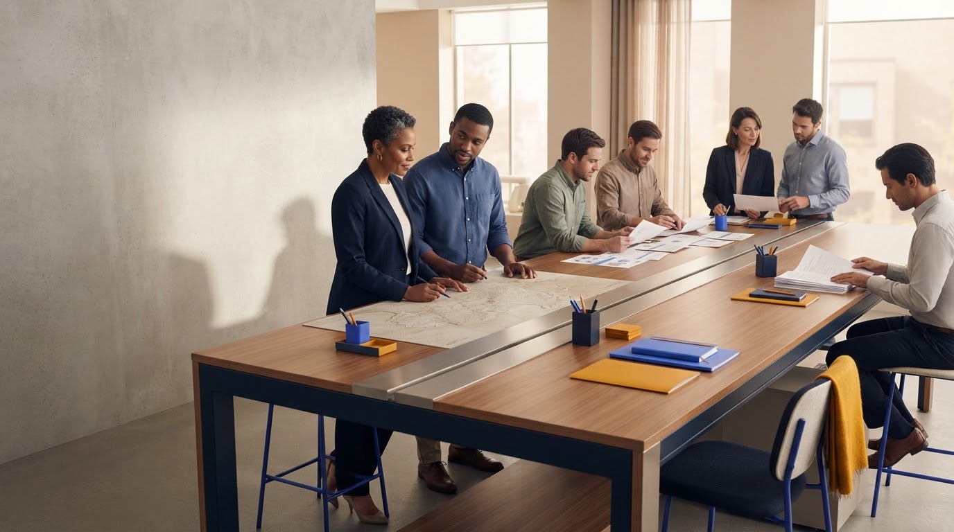 Colleagues collaborating across a growing organisation